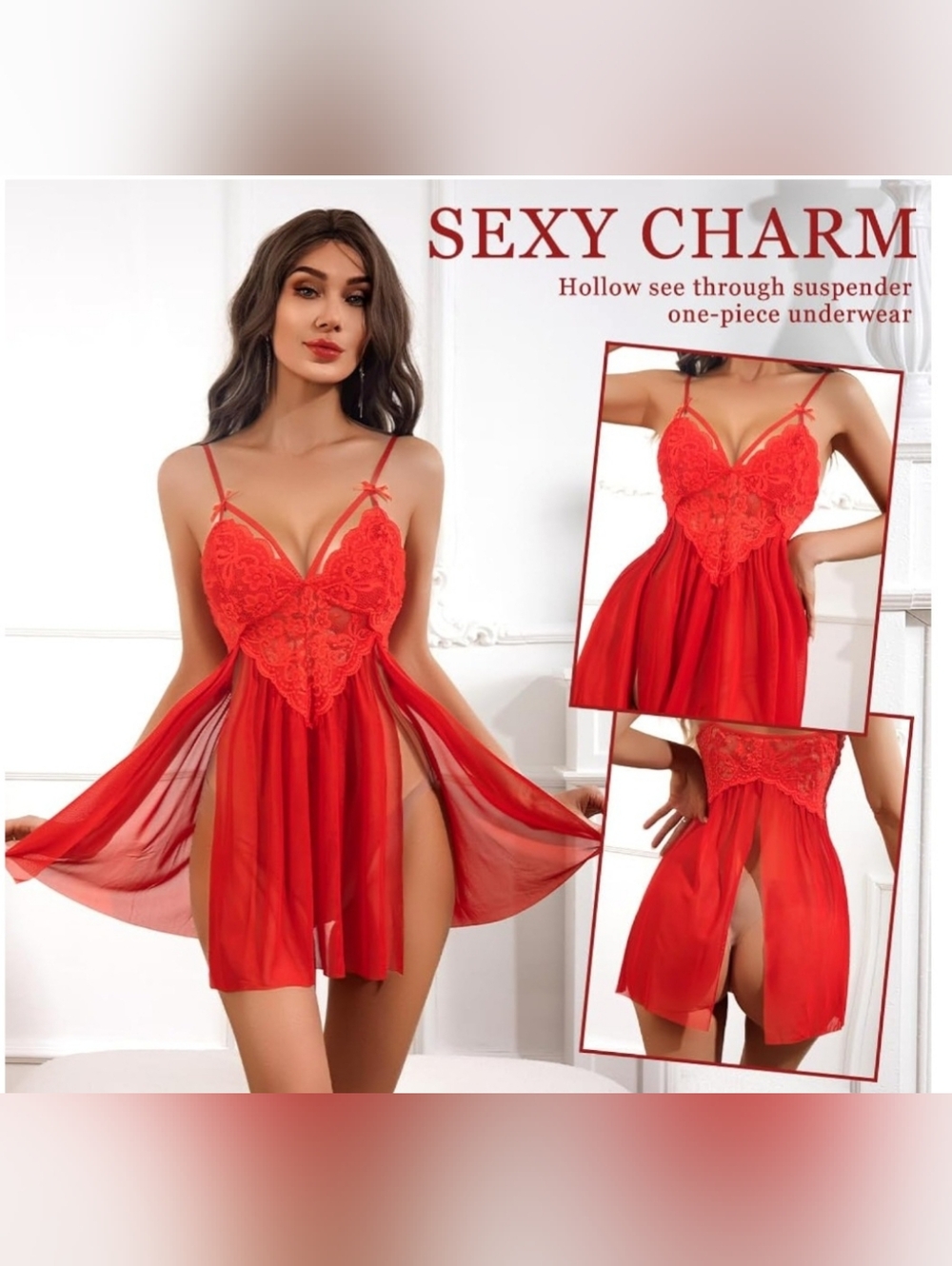 Sexy Red Lace & Mesh Babydoll Nightwear Size Medium